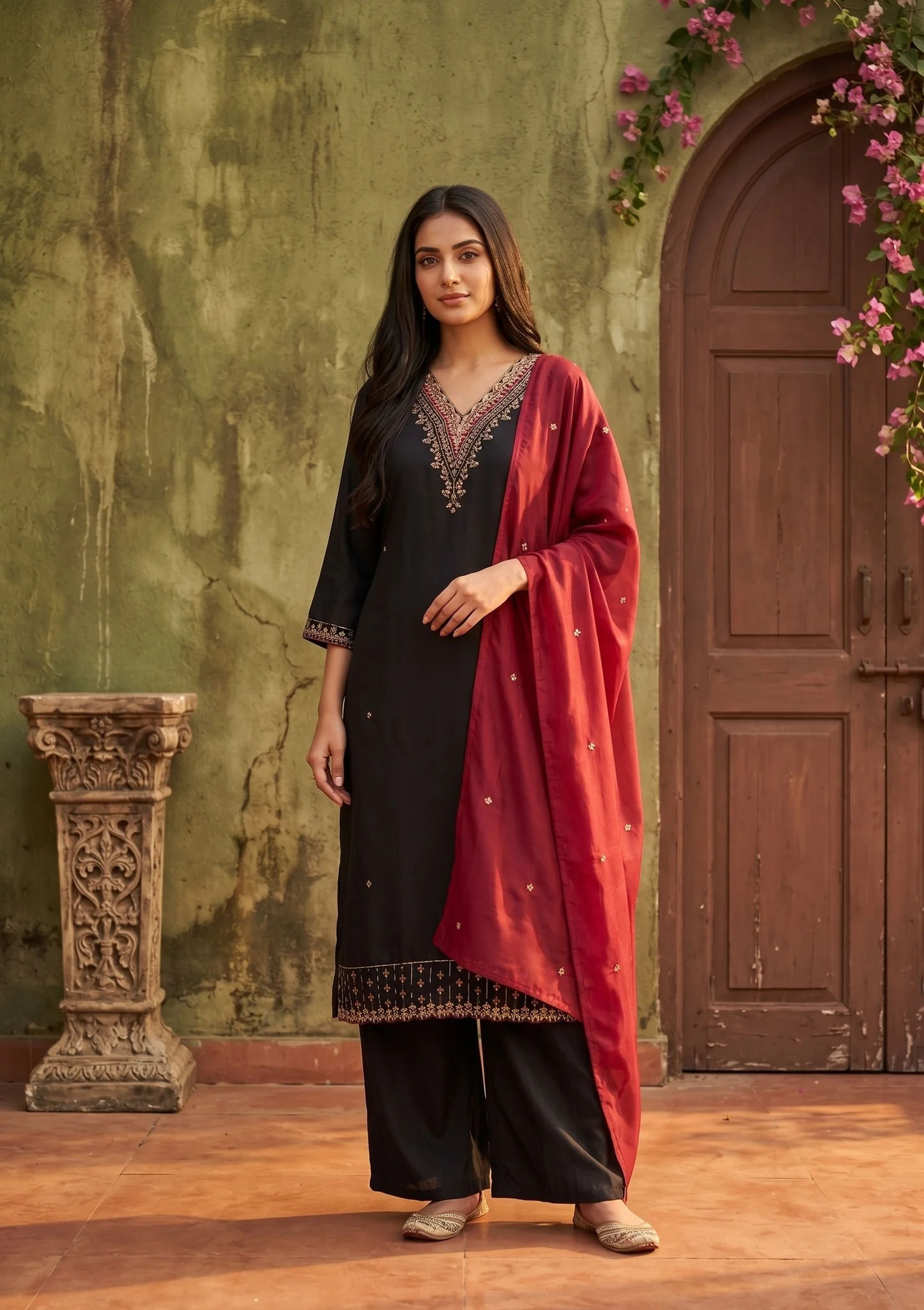 Black Semi Crepe Gold Zariwork Straight Kurta With Pant Regular And Dupatta